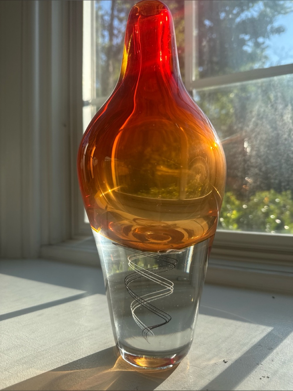 MCM Italy Vintage Amber Sommerso Hand Blown Glass Vase Ribbon Inclusion Murano